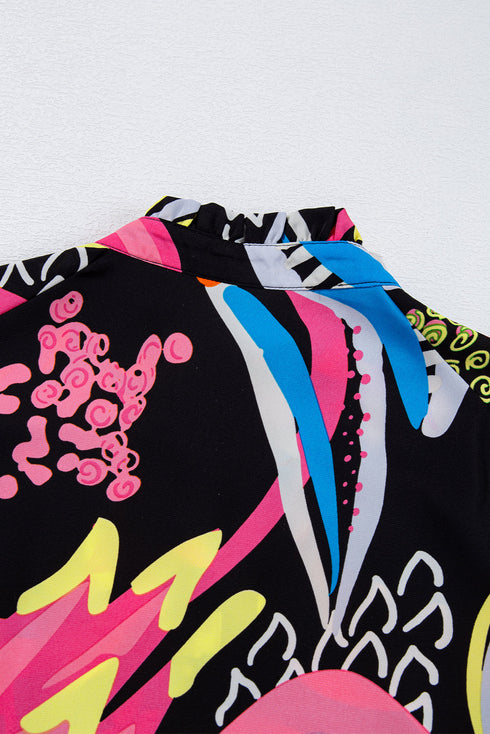 Abstract Print Ruffled Sleeve Button Front V Neck Blouse
