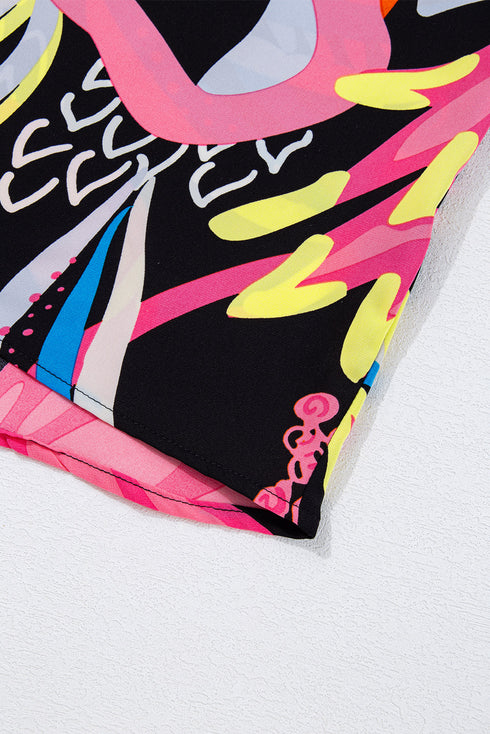 Abstract Print Ruffled Sleeve Button Front V Neck Blouse