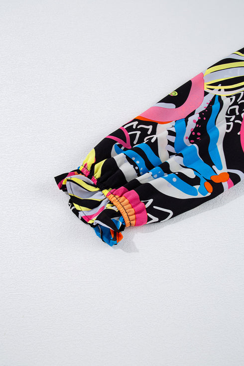 Abstract Print Ruffled Sleeve Button Front V Neck Blouse