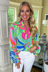 Abstract Print Ruffled Sleeve Button Front V Neck Blouse