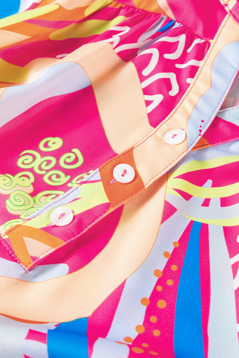 Abstract Print Ruffled Sleeve Button Front V Neck Blouse