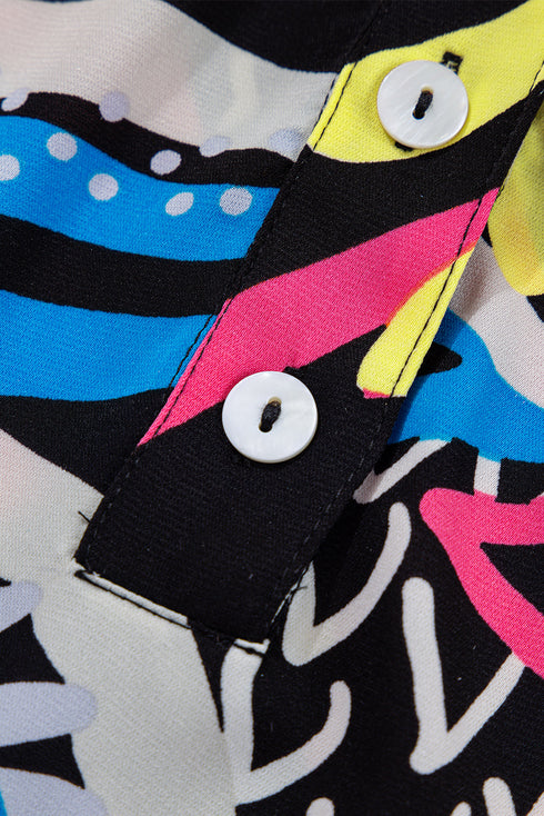 Abstract Print Ruffled Sleeve Button Front V Neck Blouse