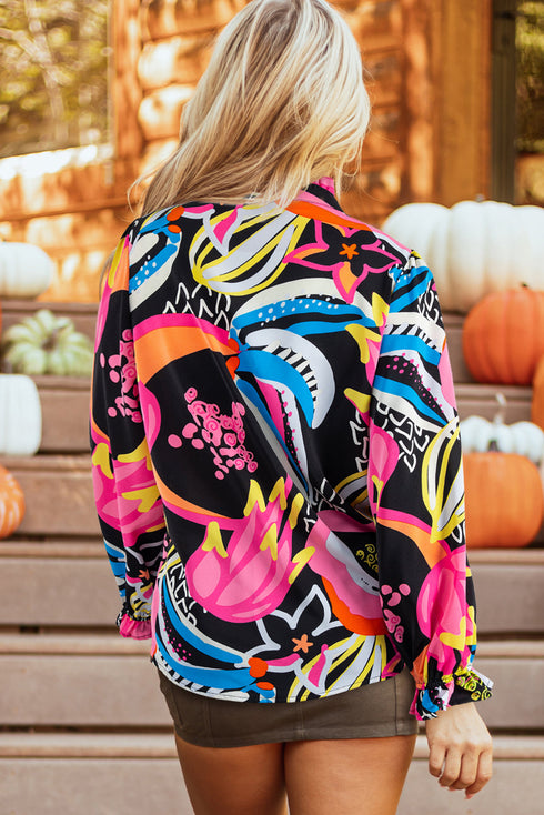 Abstract Print Ruffled Sleeve Button Front V Neck Blouse