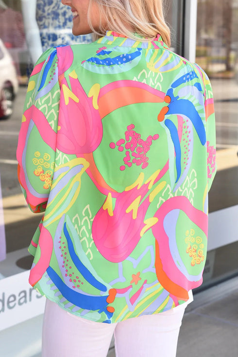 Abstract Print Ruffled Sleeve Button Front V Neck Blouse