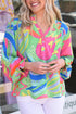 Abstract Print Ruffled Sleeve Button Front V Neck Blouse