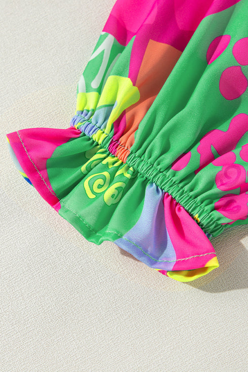 Abstract Print Ruffled Sleeve Button Front V Neck Blouse