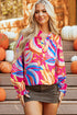 Abstract Print Ruffled Sleeve Button Front V Neck Blouse
