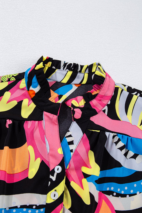 Abstract Print Ruffled Sleeve Button Front V Neck Blouse