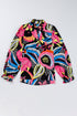 Abstract Print Ruffled Sleeve Button Front V Neck Blouse