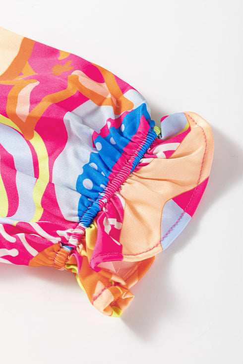 Abstract Print Ruffled Sleeve Button Front V Neck Blouse