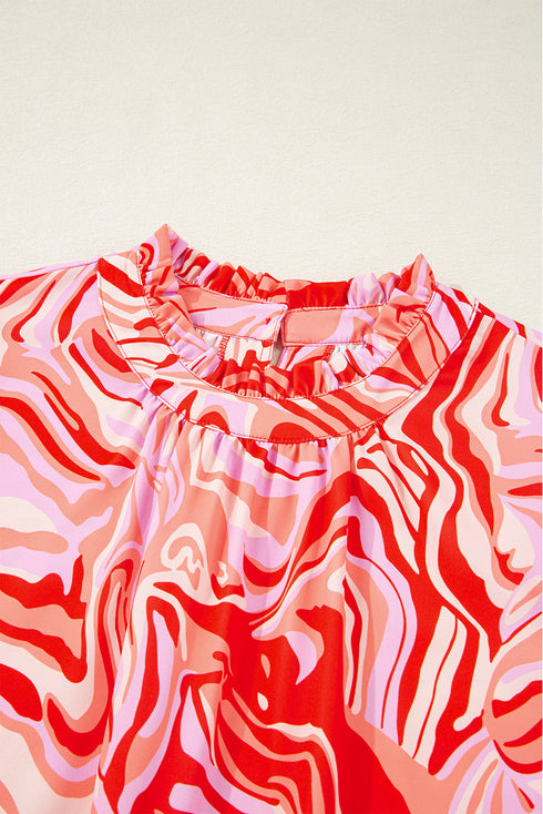 Abstract Print Ruffled Sleeve Mock Neck Blouse