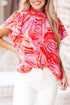 Abstract Print Ruffled Sleeve Mock Neck Blouse