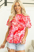 Abstract Print Ruffled Sleeve Mock Neck Blouse
