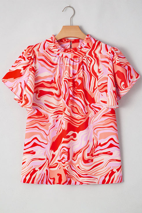 Abstract Print Ruffled Sleeve Mock Neck Blouse