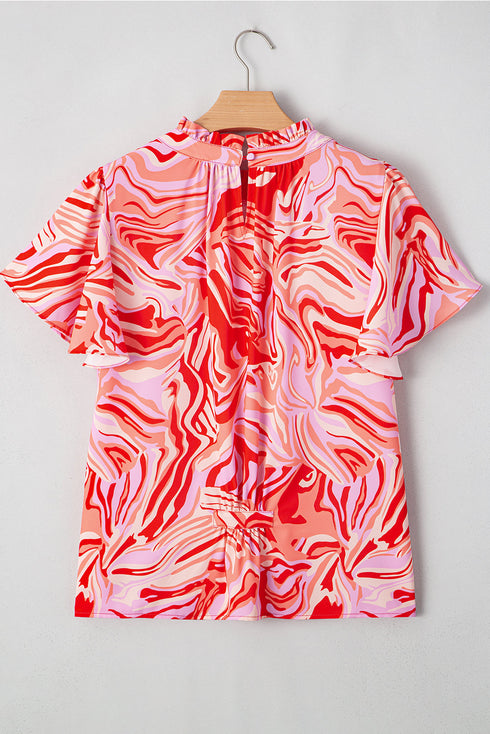 Abstract Print Ruffled Sleeve Mock Neck Blouse