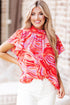 Abstract Print Ruffled Sleeve Mock Neck Blouse
