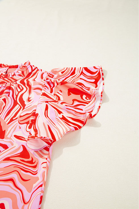 Abstract Print Ruffled Sleeve Mock Neck Blouse