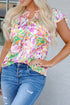 Abstract Print Ruffled Sleeve Satin Notched Neck Blouse