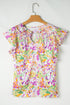 Abstract Print Ruffled Sleeve Satin Notched Neck Blouse