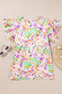 Abstract Print Ruffled Sleeve Satin Notched Neck Blouse