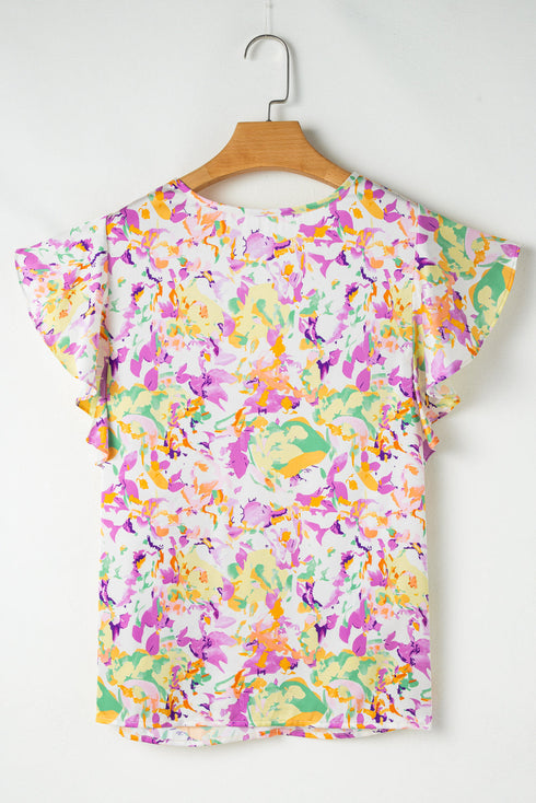 Abstract Print Ruffled Sleeve Satin Notched Neck Blouse