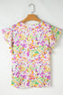 Abstract Print Ruffled Sleeve Satin Notched Neck Blouse
