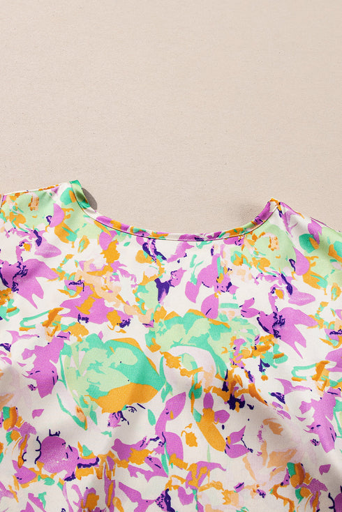 Abstract Print Ruffled Sleeve Satin Notched Neck Blouse