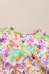 Abstract Print Ruffled Sleeve Satin Notched Neck Blouse