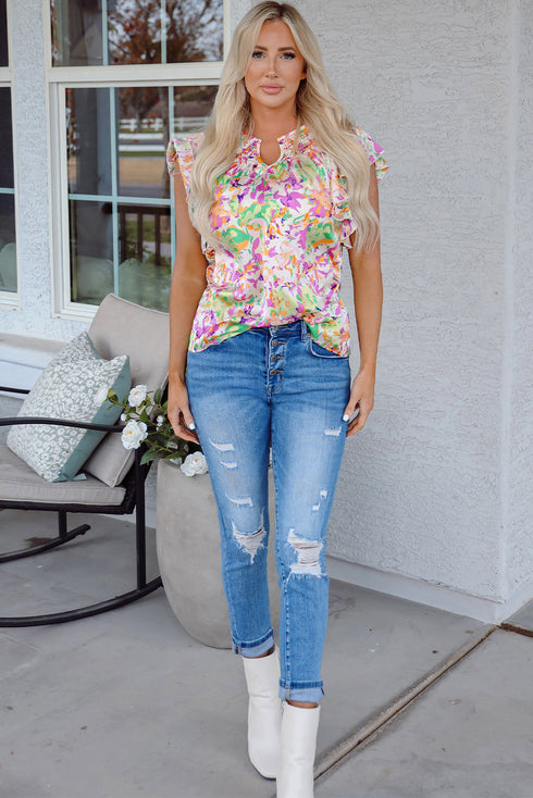 Abstract Print Ruffled Sleeve Satin Notched Neck Blouse