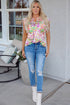 Abstract Print Ruffled Sleeve Satin Notched Neck Blouse
