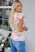 Abstract Print Ruffled Sleeve Satin Notched Neck Blouse