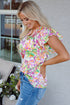Abstract Print Ruffled Sleeve Satin Notched Neck Blouse