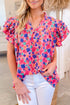 Abstract Print Ruffled Sleeve V Neck Blouse