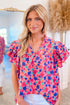 Abstract Print Ruffled Sleeve V Neck Blouse
