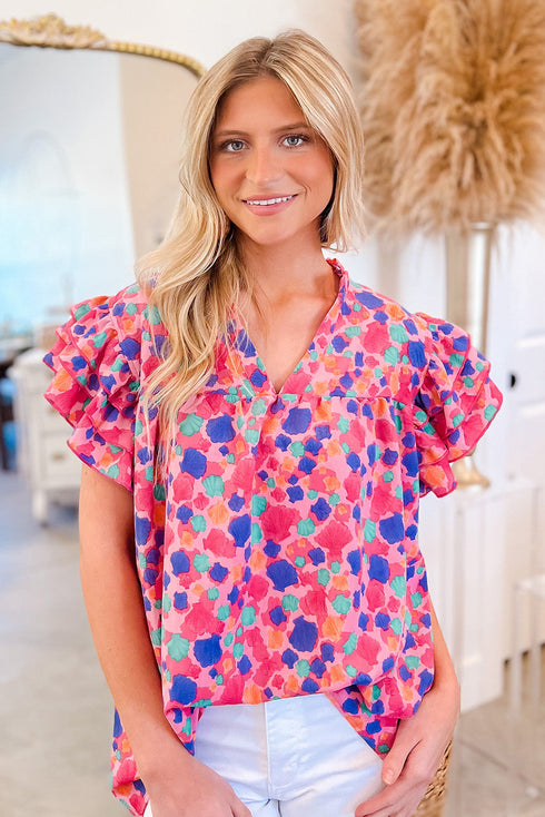 Abstract Print Ruffled Sleeve V Neck Blouse