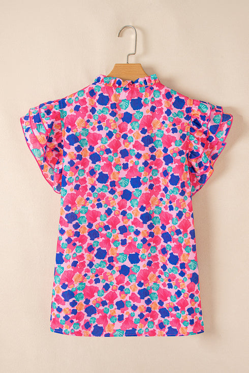Abstract Print Ruffled Sleeve V Neck Blouse
