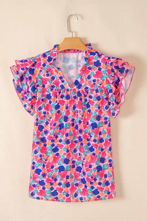 Abstract Print Ruffled Sleeve V Neck Blouse
