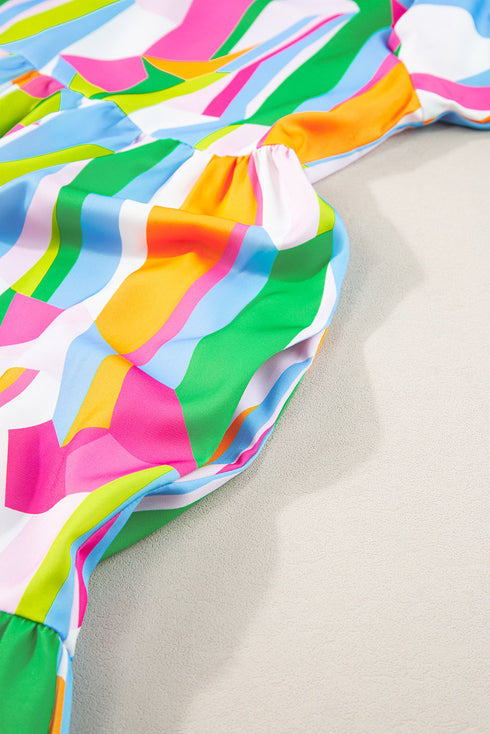 Abstract Print Ruffled Sleeve V Neck Dress