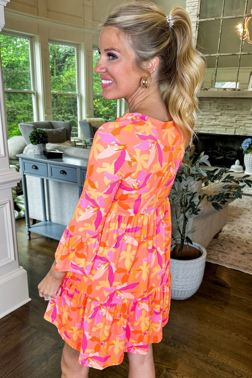 Abstract Print Ruffled Sleeve V Neck Dress