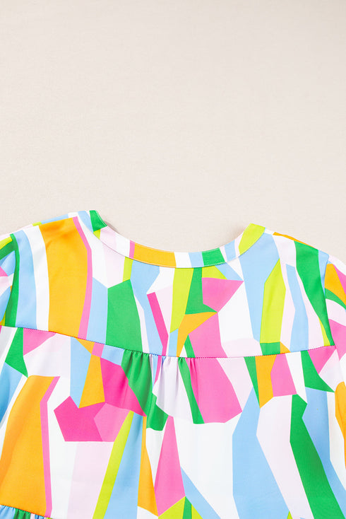 Abstract Print Ruffled Sleeve V Neck Dress