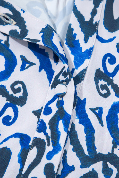 Abstract Print Scalloped Trim V Neck Long Sleeve Blouse