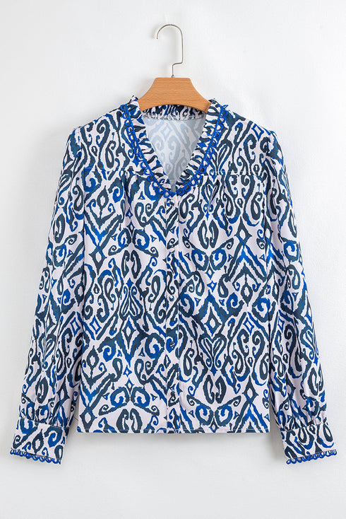 Abstract Print Scalloped Trim V Neck Long Sleeve Blouse