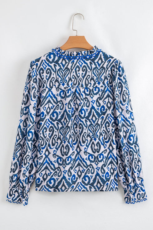 Abstract Print Scalloped Trim V Neck Long Sleeve Blouse