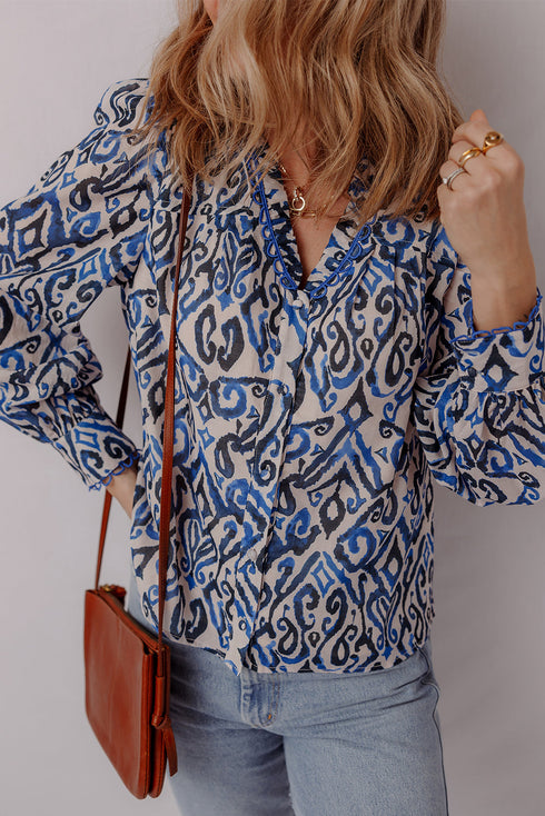 Abstract Print Scalloped Trim V Neck Long Sleeve Blouse