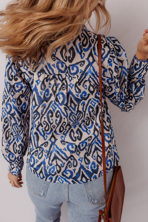 Abstract Print Scalloped Trim V Neck Long Sleeve Blouse