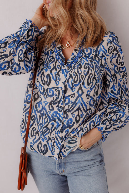 Abstract Print Scalloped Trim V Neck Long Sleeve Blouse
