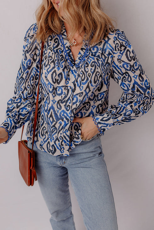 Abstract Print Scalloped Trim V Neck Long Sleeve Blouse
