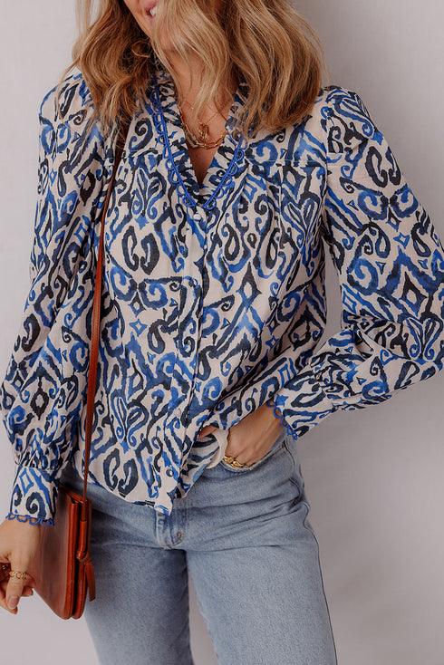 Abstract Print Scalloped Trim V Neck Long Sleeve Blouse