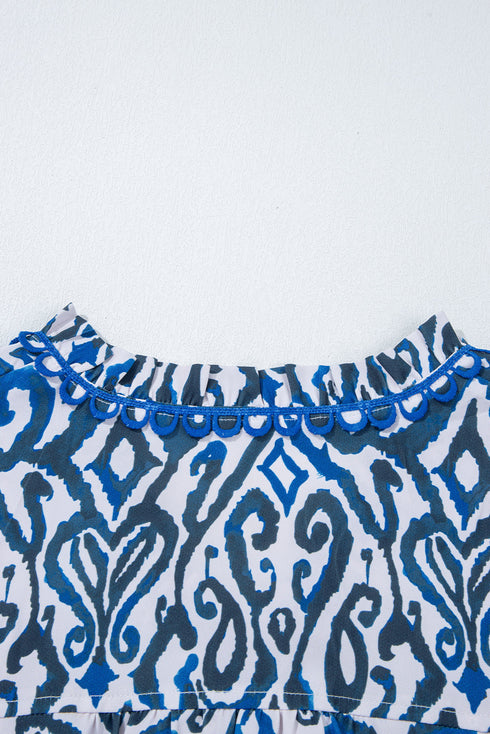 Abstract Print Scalloped Trim V Neck Long Sleeve Blouse