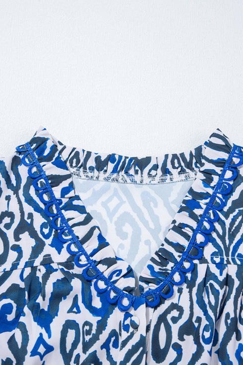 Abstract Print Scalloped Trim V Neck Long Sleeve Blouse